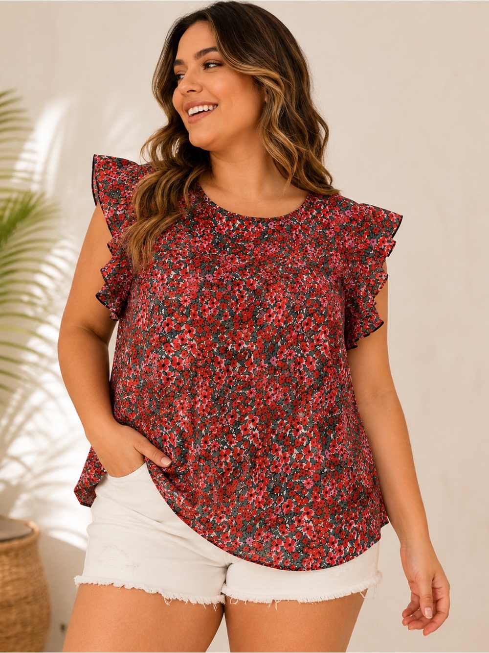 SHEIN Curve 2XL Floral Flutter Sleeve Blouse Red Pink Green